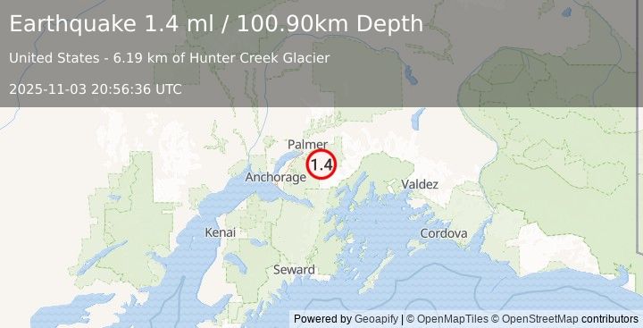 Earthquake 12 km SE of Knik River, Alaska (1.4 ml) (2025-11-03 20:56:36 UTC)