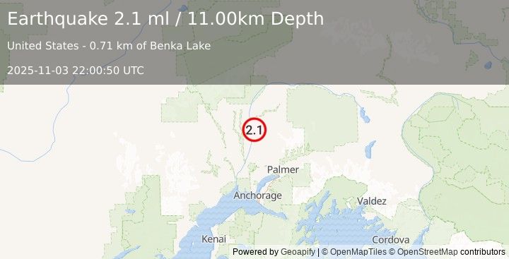 Earthquake 7 km WNW of Susitna North, Alaska (2.1 ml) (2025-11-03 22:00:50 UTC)