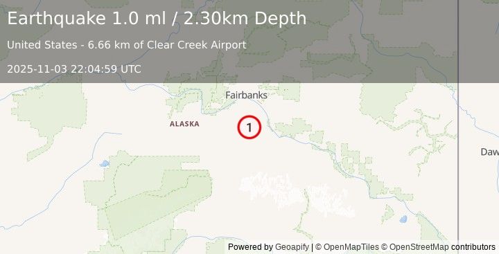 Earthquake 37 km WSW of Salcha, Alaska (1.0 ml) (2025-11-03 22:04:59 UTC)