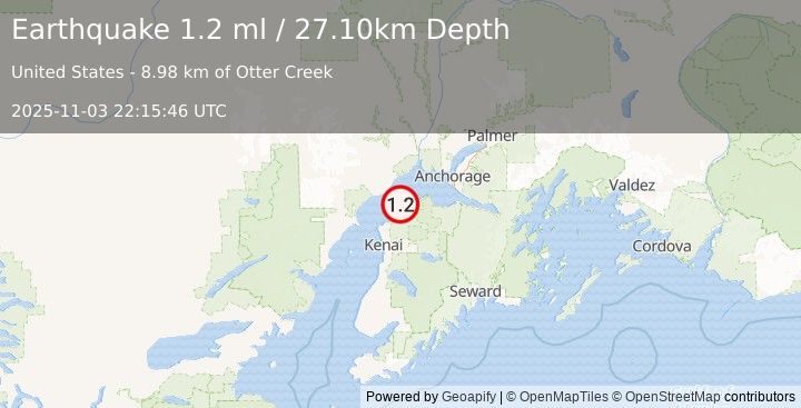 Earthquake 12 km W of Point Possession, Alaska (1.2 ml) (2025-11-03 22:15:46 UTC)