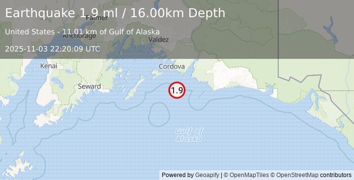 Earthquake 60 km SSE of Cordova, Alaska (1.9 ml) (2025-11-03 22:20:09 UTC)