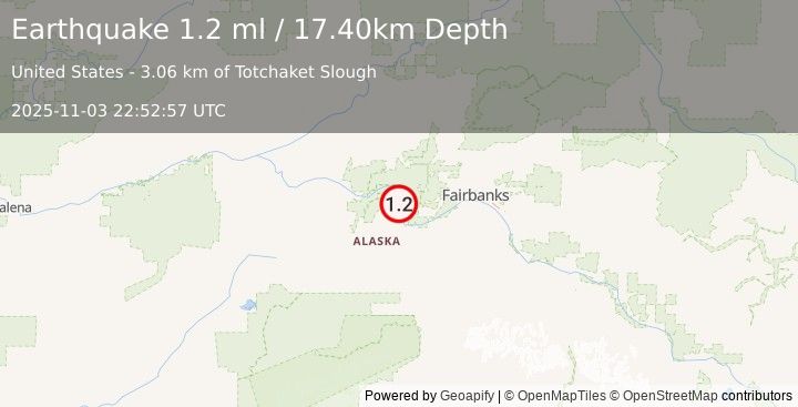 Earthquake 18 km NNW of Four Mile Road, Alaska (1.2 ml) (2025-11-03 22:52:57 UTC)