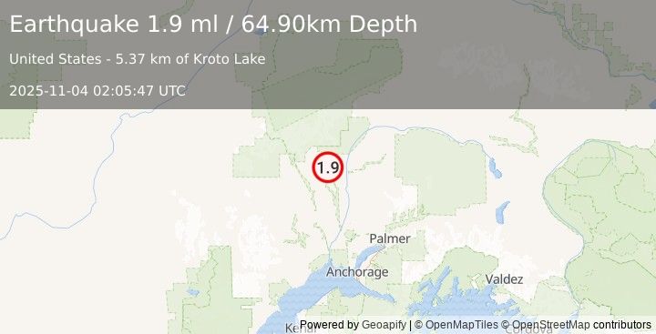 Earthquake 10 km SE of Petersville, Alaska (1.9 ml) (2025-11-04 02:05:47 UTC)