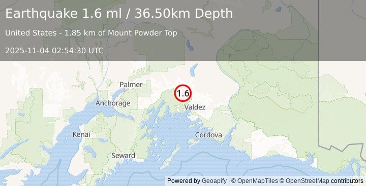 Earthquake 42 km NW of Valdez, Alaska (1.6 ml) (2025-11-04 02:54:30 UTC)