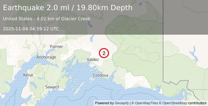 Earthquake 36 km SSW of Tonsina, Alaska (2.0 ml) (2025-11-04 04:59:12 UTC)