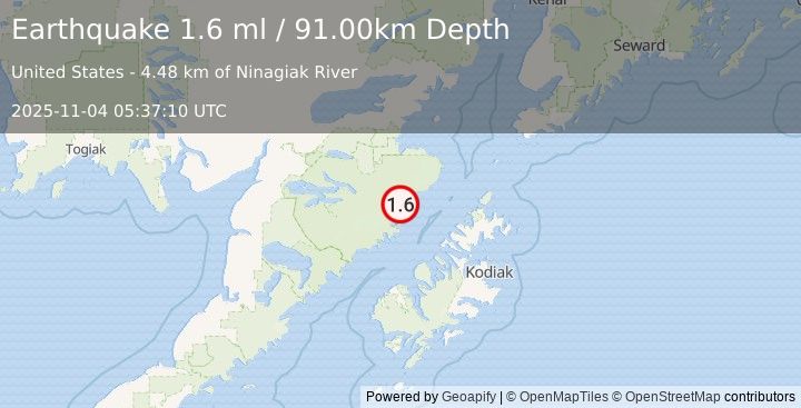 Earthquake 87 km WNW of Aleneva, Alaska (1.6 ml) (2025-11-04 05:37:10 UTC)
