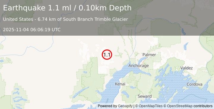 Earthquake 61 km SW of Skwentna, Alaska (1.1 ml) (2025-11-04 06:06:19 UTC)