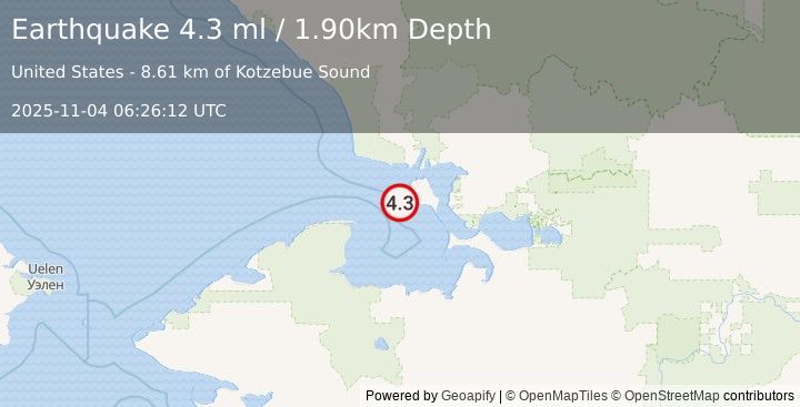 Earthquake 40 km S of Kotzebue, Alaska (4.0 ml) (2025-11-04 06:26:14 UTC)