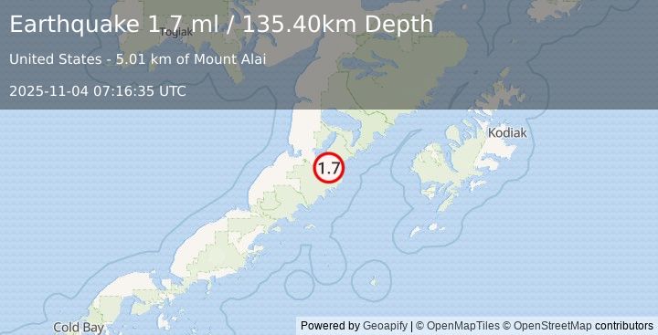 Earthquake 46 km ESE of Ugashik, Alaska (1.7 ml) (2025-11-04 07:16:35 UTC)