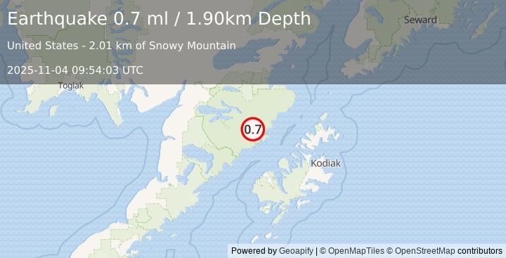 Earthquake 88 km N of Karluk, Alaska (0.7 ml) (2025-11-04 09:54:03 UTC)