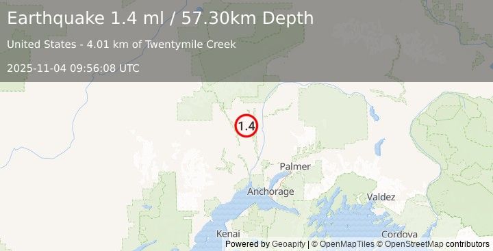 Earthquake 25 km WSW of Trapper Creek, Alaska (1.4 ml) (2025-11-04 09:56:08 UTC)