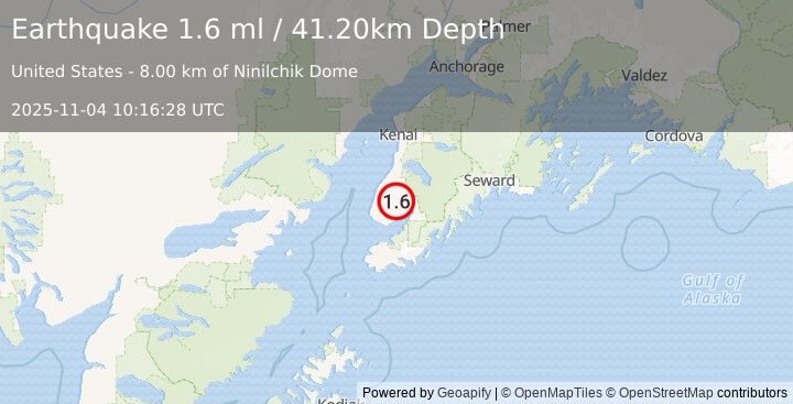 Earthquake 16 km N of Fritz Creek, Alaska (1.6 ml) (2025-11-04 10:16:28 UTC)
