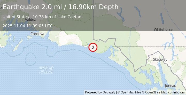 Earthquake 86 km WNW of Yakutat, Alaska (2.0 ml) (2025-11-04 11:09:05 UTC)