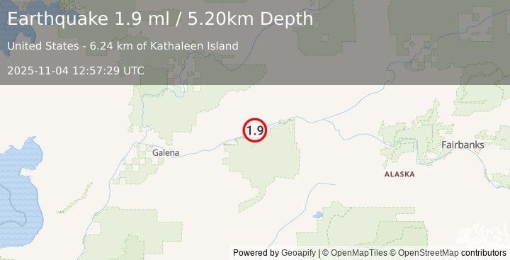 Earthquake 70 km ENE of Ruby, Alaska (1.9 ml) (2025-11-04 12:57:29 UTC)