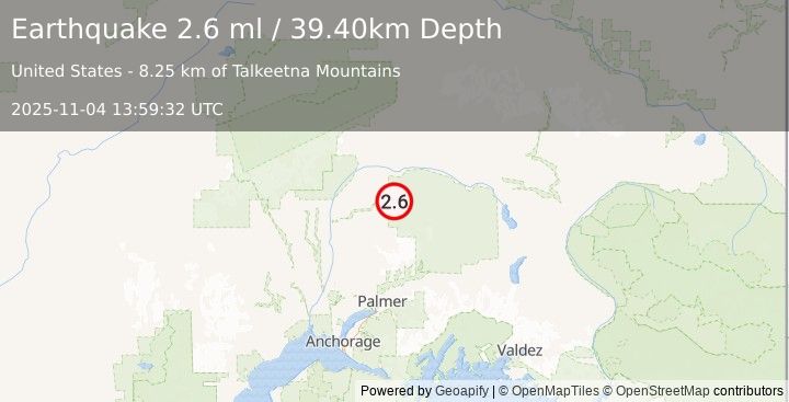 Earthquake 64 km E of Chase, Alaska (2.6 ml) (2025-11-04 13:59:31 UTC)