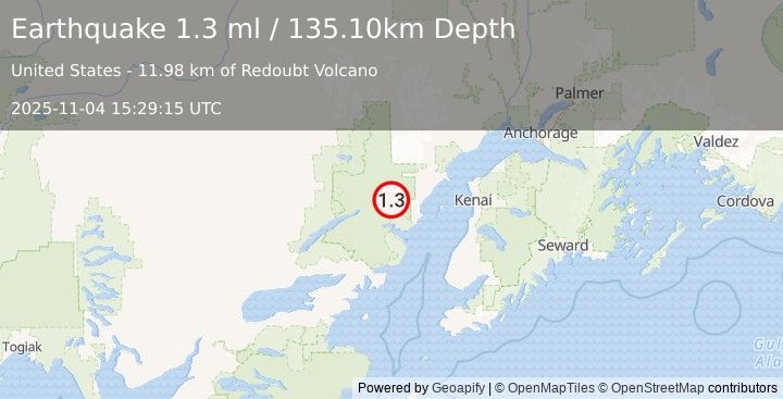 Earthquake 87 km ENE of Port Alsworth, Alaska (1.3 ml) (2025-11-04 15:29:15 UTC)