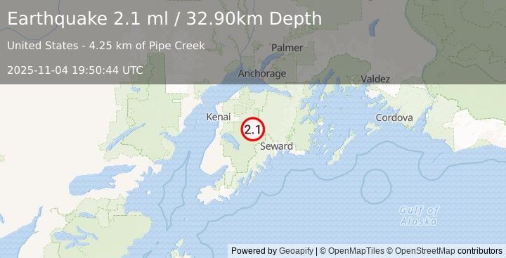 Earthquake 23 km SW of Cooper Landing, Alaska (2.1 ml) (2025-11-04 19:50:44 UTC)