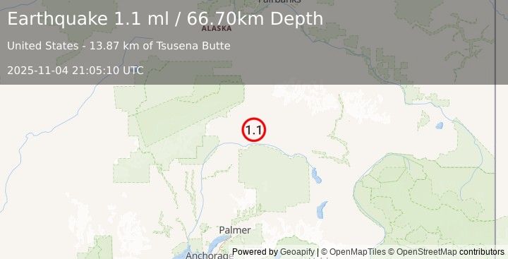 Earthquake 43 km SSE of Cantwell, Alaska (1.1 ml) (2025-11-04 21:05:10 UTC)