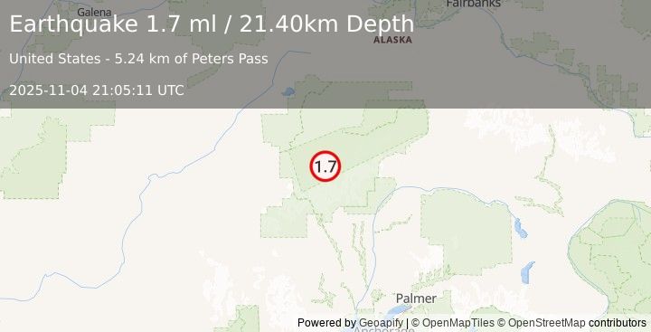 Earthquake 54 km SSE of Denali National Park, Alaska (1.7 ml) (2025-11-04 21:05:11 UTC)