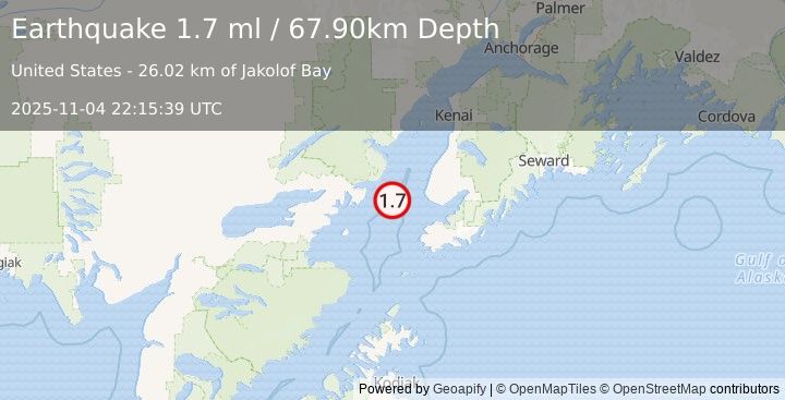 Earthquake 37 km WSW of Anchor Point, Alaska (1.8 ml) (2025-11-04 22:15:40 UTC)