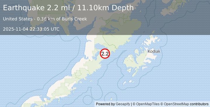 Earthquake 80 km ENE of Ugashik, Alaska (2.2 ml) (2025-11-04 22:33:05 UTC)