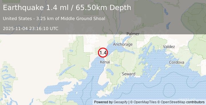 Earthquake 23 km SW of Tyonek, Alaska (1.4 ml) (2025-11-04 23:16:10 UTC)