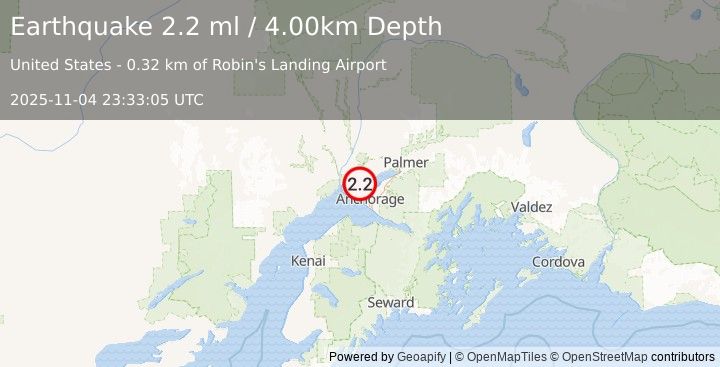 Earthquake 7 km WNW of Point MacKenzie, Alaska (2.2 ml) (2025-11-04 23:33:05 UTC)