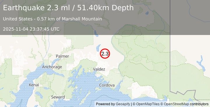 Earthquake 38 km W of Tonsina, Alaska (2.3 ml) (2025-11-04 23:37:45 UTC)