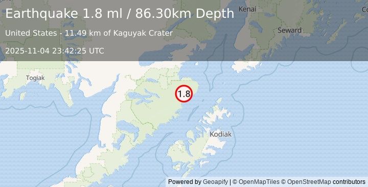 Earthquake 93 km SSE of Kokhanok, Alaska (1.8 ml) (2025-11-04 23:42:25 UTC)