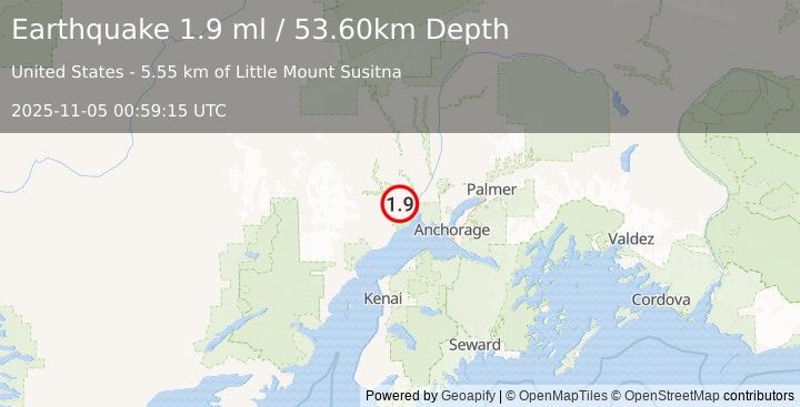 Earthquake 23 km WSW of Susitna, Alaska (1.9 ml) (2025-11-05 00:59:15 UTC)