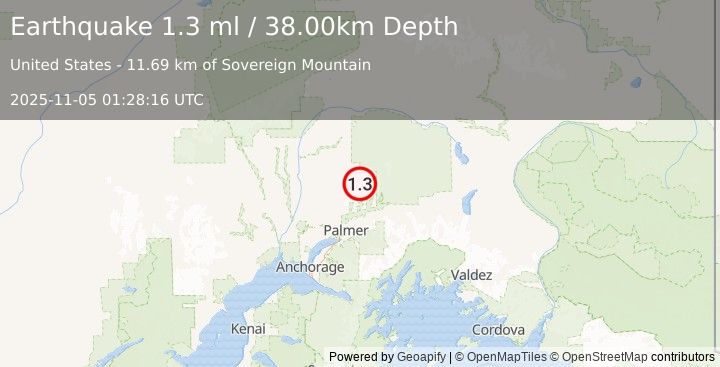 Earthquake 33 km N of Sutton-Alpine, Alaska (1.3 ml) (2025-11-05 01:28:16 UTC)