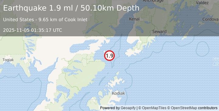 Earthquake 66 km WSW of Nanwalek, Alaska (1.9 ml) (2025-11-05 01:35:17 UTC)