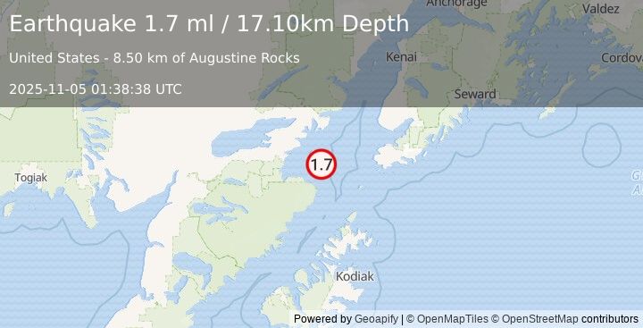 Earthquake 75 km WSW of Nanwalek, Alaska (1.7 ml) (2025-11-05 01:38:38 UTC)