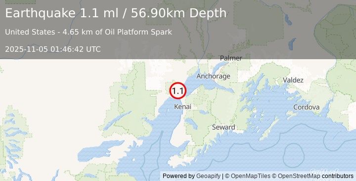 Earthquake 25 km NNW of Nikiski, Alaska (1.1 ml) (2025-11-05 01:46:42 UTC)