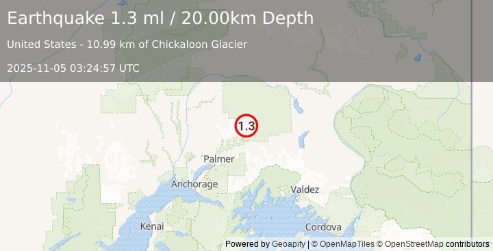 Earthquake 36 km NNE of Chickaloon, Alaska (1.3 ml) (2025-11-05 03:24:57 UTC)