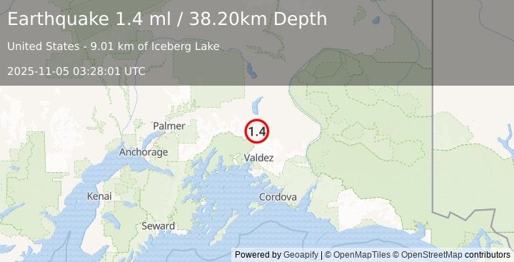 Earthquake 43 km N of Valdez, Alaska (1.4 ml) (2025-11-05 03:28:01 UTC)