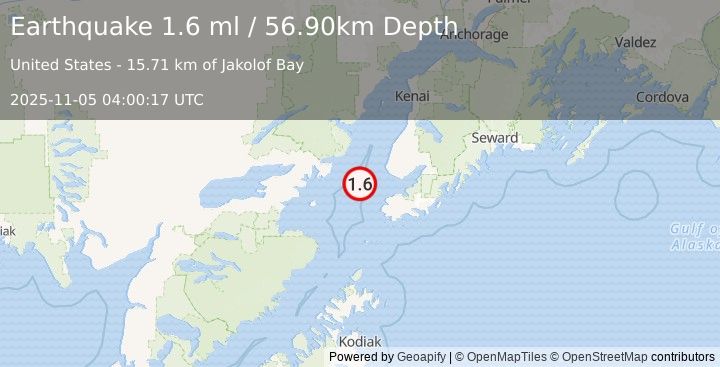 Earthquake 37 km NW of Nanwalek, Alaska (1.6 ml) (2025-11-05 04:00:17 UTC)
