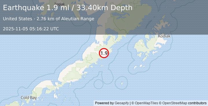 Earthquake 53 km SSE of Ugashik, Alaska (1.9 ml) (2025-11-05 05:16:22 UTC)