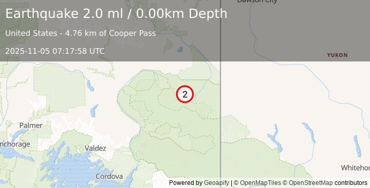 Earthquake 30 km ESE of Nabesna, Alaska (2.0 ml) (2025-11-05 07:17:58 UTC)