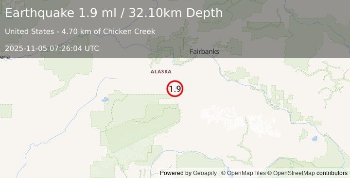 Earthquake 10 km NNE of Ferry, Alaska (1.9 ml) (2025-11-05 07:26:04 UTC)