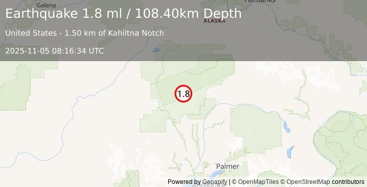 Earthquake 63 km NNW of Petersville, Alaska (1.8 ml) (2025-11-05 08:16:34 UTC)