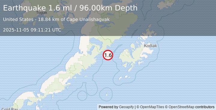 Earthquake 65 km WSW of Karluk, Alaska (1.6 ml) (2025-11-05 09:11:21 UTC)