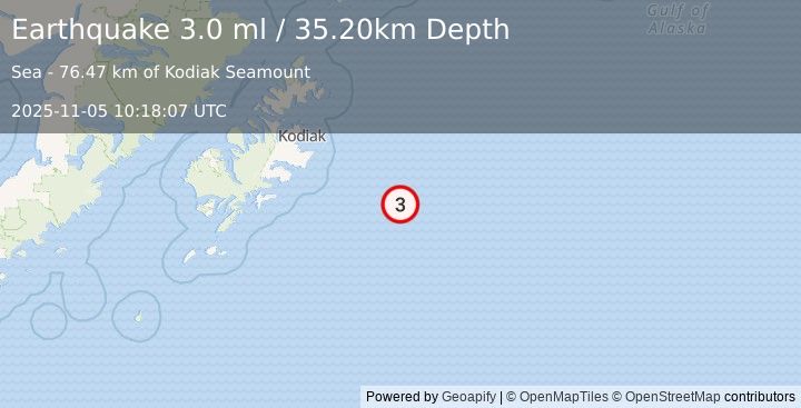 Earthquake 125 km ESE of Chiniak, Alaska (3.0 ml) (2025-11-05 10:18:07 UTC)