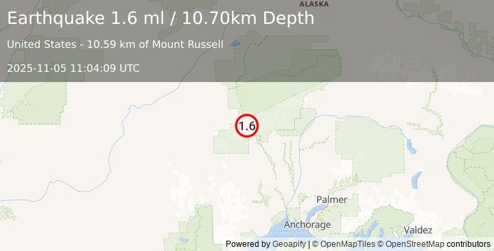 Earthquake 59 km WNW of Petersville, Alaska (1.6 ml) (2025-11-05 11:04:09 UTC)