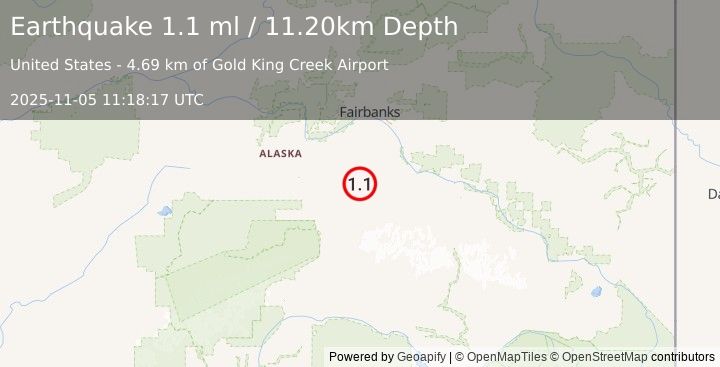 Earthquake 59 km ENE of Ferry, Alaska (1.1 ml) (2025-11-05 11:18:17 UTC)