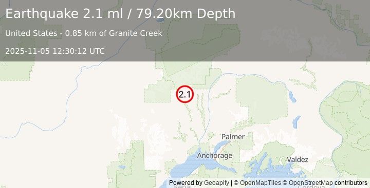 Earthquake 21 km WSW of Petersville, Alaska (2.1 ml) (2025-11-05 12:30:12 UTC)