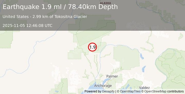 Earthquake 30 km N of Petersville, Alaska (1.9 ml) (2025-11-05 12:46:08 UTC)