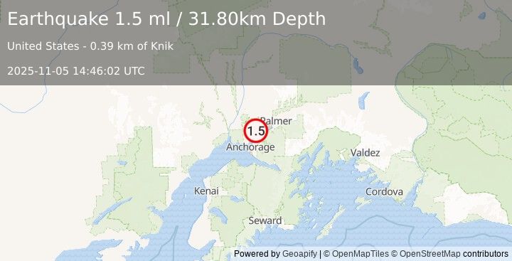 Earthquake 0 km SE of Knik, Alaska (1.5 ml) (2025-11-05 14:46:02 UTC)