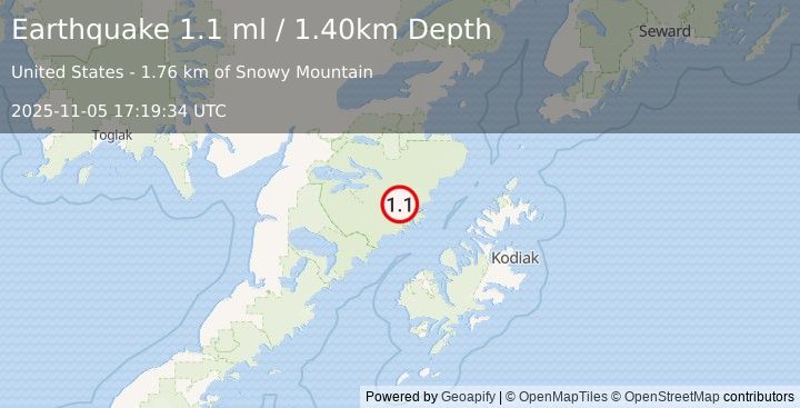 Earthquake 87 km N of Karluk, Alaska (1.1 ml) (2025-11-05 17:19:34 UTC)