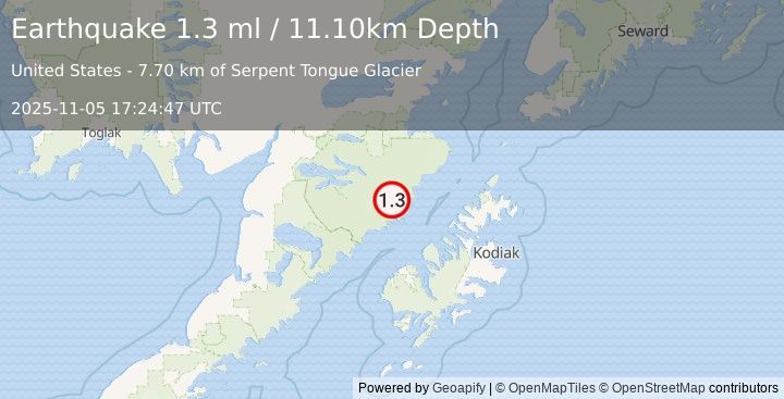 Earthquake 87 km N of Karluk, Alaska (1.3 ml) (2025-11-05 17:24:47 UTC)